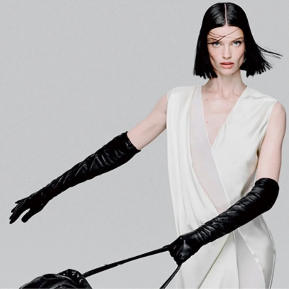 Zara Elegant Black long over elbow,REAL  Leather Gloves